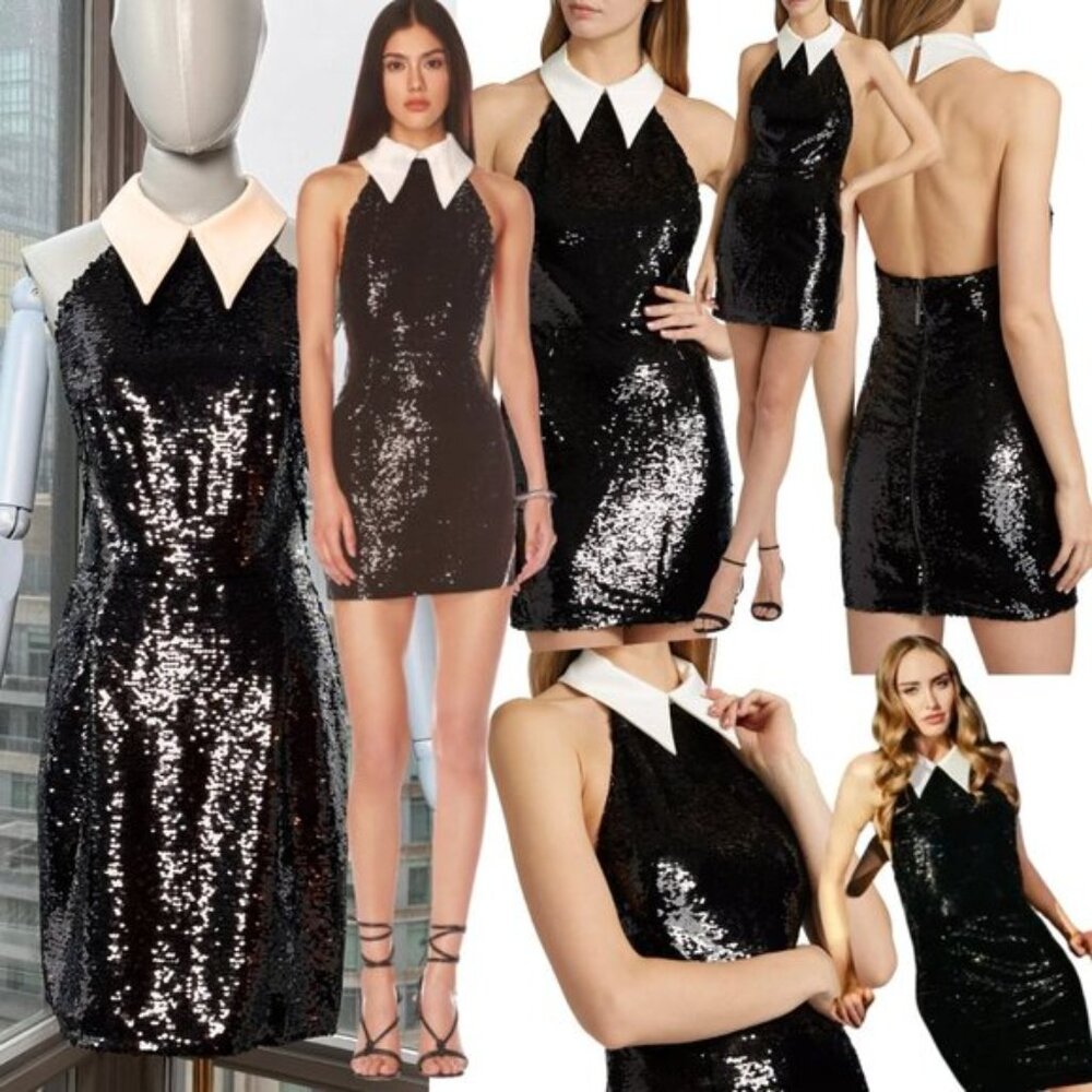 🆕 BRONX & BANCO 🧿 NWOT Wednesday Black Sequin Halterneck Mini Dress Sz M US 6
